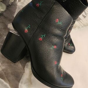 Alexander Wang Black Leather Ankle Boots with Red Rose Embroidery